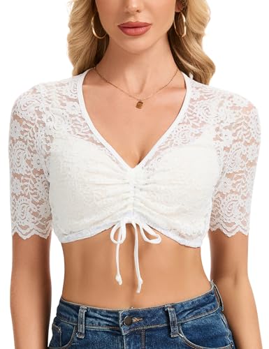 Becotal Damen Dirndl Bluse Weiß - Elegant Spitzenbluse Oktoberfest Trachtenmode Kurzarm V-Ausschnitt Trachtenbluse 36-42, Weiß 3, 34 von Becotal