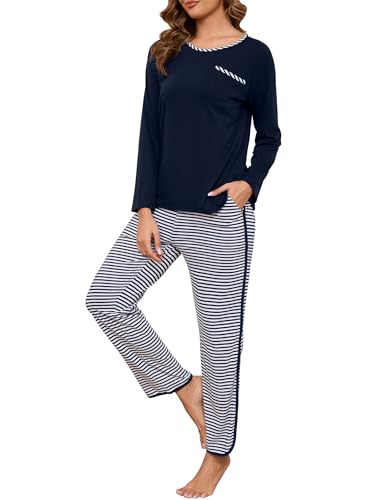 Becotal Damen Zweiteiliger Schlafanzug Winter Baumwolle Pyjama Set Lang Streifen Loungewear mit Bündchen, Rundhals, Langarm, Marineblau, M von Becotal