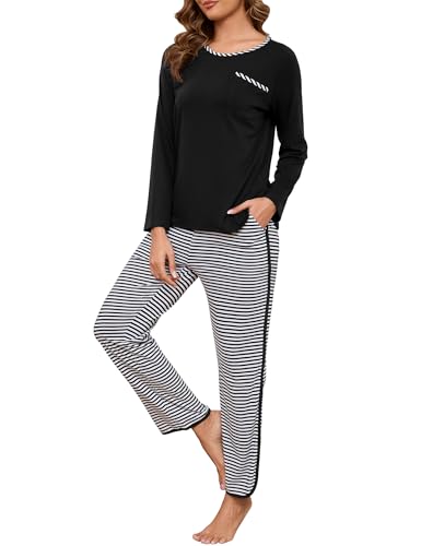 Becotal Damen Zweiteiliger Schlafanzug Winter Baumwolle Pyjama Set Lang Streifen Loungewear mit Bündchen, Rundhals, Langarm, Schwarz, M von Becotal