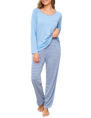 Becotal Damen Zweiteiliger Schlafanzug Winter Baumwolle Pyjama Set Lang Streifen Loungewear mit Bündchen, Rundhals, Langarm, See-Blau, M von Becotal