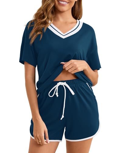 Becotal Schlafanzug Damen Kurz Baumwolle Kontrastfarbe Pyjama Set Sommer Shorty Nachtwäsche V-Ausschnitt Top und Short, S-XXL Blau S von Becotal
