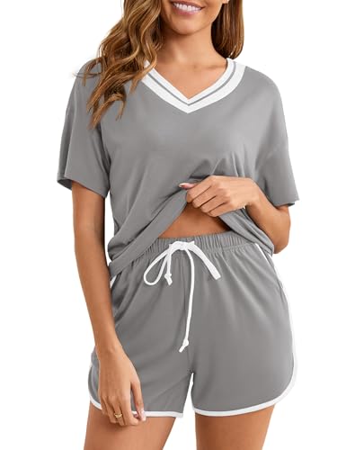 Becotal Schlafanzug Damen Kurz Baumwolle Kontrastfarbe Pyjama Set Sommer Shorty Nachtwäsche V-Ausschnitt Top und Short, S-XXL Grau L von Becotal