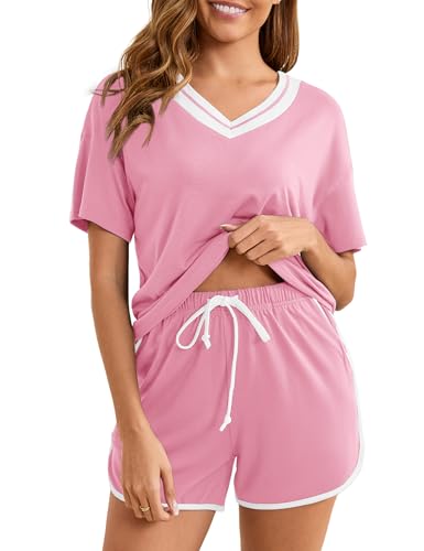 Becotal Schlafanzug Damen Kurz Baumwolle Kontrastfarbe Pyjama Set Sommer Shorty Nachtwäsche V-Ausschnitt Top und Short, S-XXL Rosa L von Becotal
