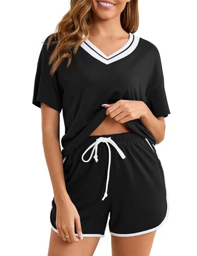 Becotal Schlafanzug Damen Kurz Baumwolle Kontrastfarbe Pyjama Set Sommer Shorty Nachtwäsche V-Ausschnitt Top und Short, S-XXL Schwarz L von Becotal