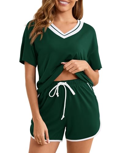 Becotal Schlafanzug Damen Kurz Baumwolle Kontrastfarbe Pyjama Set Sommer Shorty Nachtwäsche V-Ausschnitt Top und Short, S-XXL Tiefgrün XXL von Becotal
