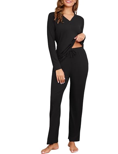 Becotal Schlafanzug Damen Lang, Pyjama Set Winter, Zweiteiler Hausanzug Baumwolle, Rippen Einfarbig Loungewear, Kuschelig Nachtwäsche Warmer, Gerippt Sleepwear, Freizeit Outfit 2 Teiler Set von Becotal