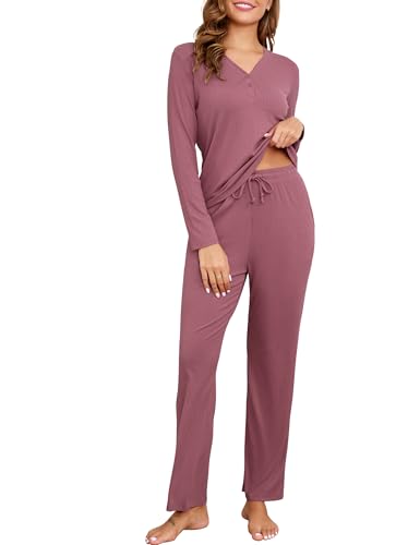 Becotal Schlafanzug Damen Lang, Pyjama Set Winter, Zweiteiler Hausanzug Baumwolle, Rippen Einfarbig Loungewear, Kuschelig Nachtwäsche Warmer, Gerippt Sleepwear, Freizeit Outfit 3 Teiler Set von Becotal