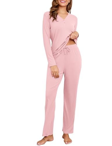Becotal Schlafanzug Damen Lang, Pyjama Set Winter, Zweiteiler Hausanzug Baumwolle, Rippen Einfarbig Loungewear, Nachtwäsche Warmer, Gerippt Sleepwear, Freizeit Outfit 2 Teiler Set von Becotal