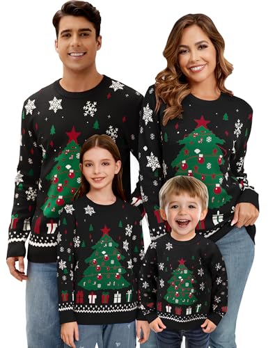 Becotal Weihnachtspullover Familie Set Kinder Strickpullover Jungen Rundhals Lustig Weihnachtspulli, Tannenbaum-Schwarz, 4 Jahre von Becotal