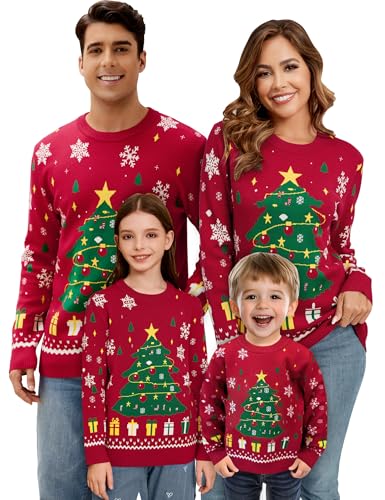 Becotal Weihnachtspullover Familie Set Kinder Strickpullover Mädchen Rundhals Lustig Weihnachtspulli, Tannenbaum-Rot, 4 Jahre von Becotal
