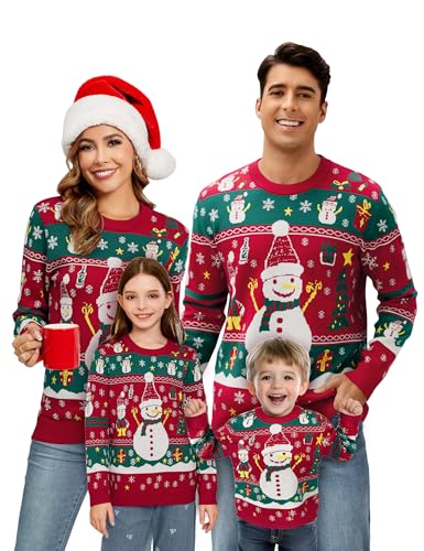 Becotal Weihnachtspullover Familie Set Strickpullover Mädchen Rundhals Lustig Weihnachtspulli, Schneemann-Rot, 8 Jahre von Becotal
