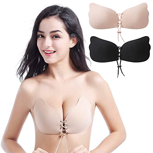 Becqurel Klebe-BH, Selbstklebender trägerloser und rückenfreier Push-up-BH mit unsichtbaren Hebe-Cups für Damenkleider (Black+Beige) von Becqurel