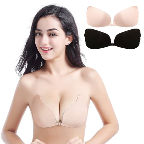 Becqurel Klebe-BH, Selbstklebender trägerloser und rückenfreier Push-up-BH mit unsichtbaren Hebe-Cups für Damenkleider (Black+Beige) von Becqurel