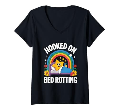 Damen Hooked On Bed Rotting Shirt Hurkle Durkle Gen-Z Lazy Day T-Shirt mit V-Ausschnitt von Bed Rotting Lover Vibes