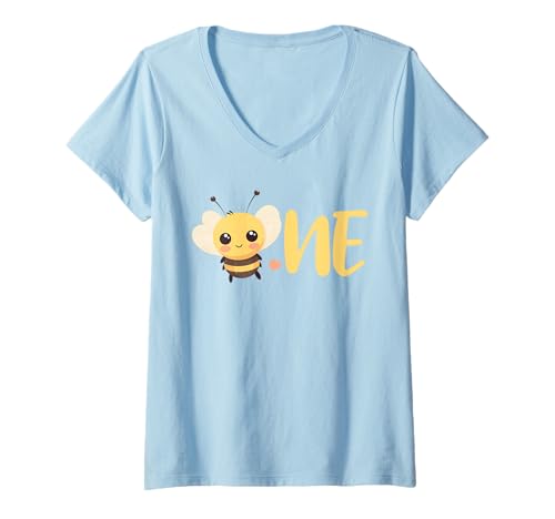 Damen 1. Geburtstag Biene, 1. Bienentag, erster Geburtstag Party Mädchen T-Shirt mit V-Ausschnitt von Bee Birthday Party Matching Family 1 Year Designs