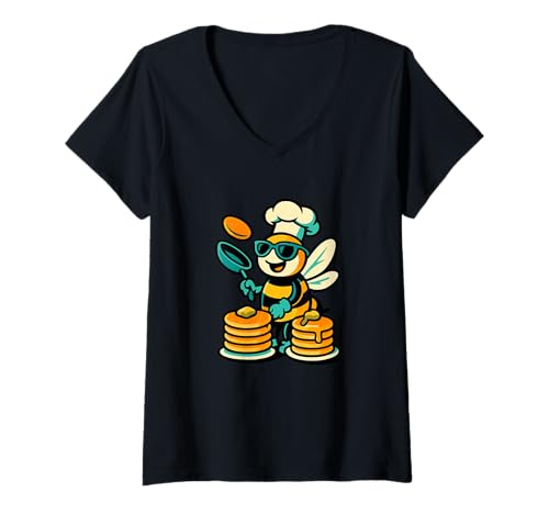 Damen Lustiger Bienenkoch, der Pfannkuchen zubereitet, Humor T-Shirt mit V-Ausschnitt von Bee Chef Pancake Humor Cooking Apparel