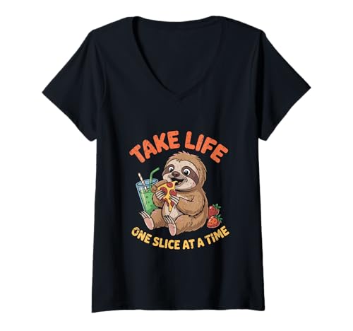 Damen Faultier Pizza Lovers: Take Life One Slice at a Time T-Shirt mit V-Ausschnitt Damen Faultier Pizza Lovers: Take Life One Slice at a Time T-Shirt mit V-Ausschnitt von Bee Cool At School
