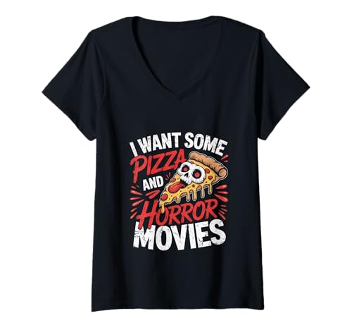 Damen Pizza und Horrorfilme Liebhaber Grafik T-Shirt mit V-Ausschnitt Damen Pizza und Horrorfilme Liebhaber Grafik T-Shirt mit V-Ausschnitt von Bee Cool At School