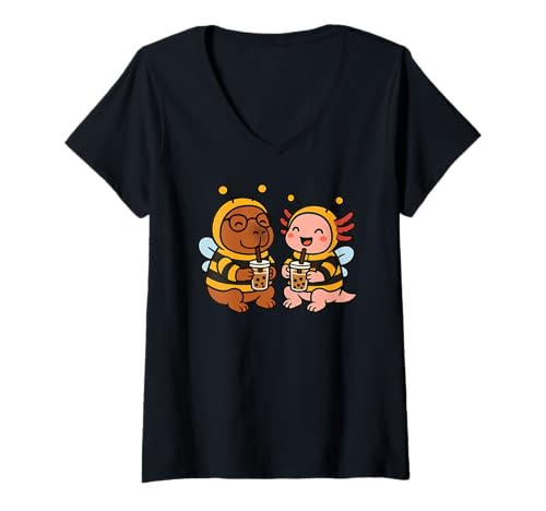 Damen Capybara Axolotl Valentines Tierliebhaber-Bienenkostüm BFF T-Shirt mit V-Ausschnitt Damen Capybara Axolotl Valentines Tierliebhaber-Bienenkostüm BFF T-Shirt mit V-Ausschnitt von BeeAxis1