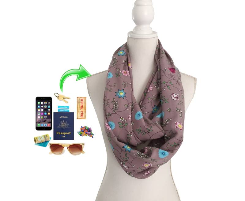 Damen Zip Pocket Loop Infinity Schal Für Geld, Schlüssel, Telefon, Händedesinfektionsmittel Usw. Sommer Frühling Herbst Pink Grau Rayon Viscose von BeeDeeCollection