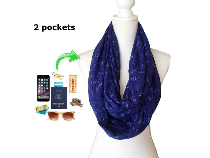 Damen Zip Pocket Loop Infinity Schal Für Pass Geld Schlüssel Leichter Frühling Sommer Herbst Rayon Stoff 2 Taschen von BeeDeeCollection