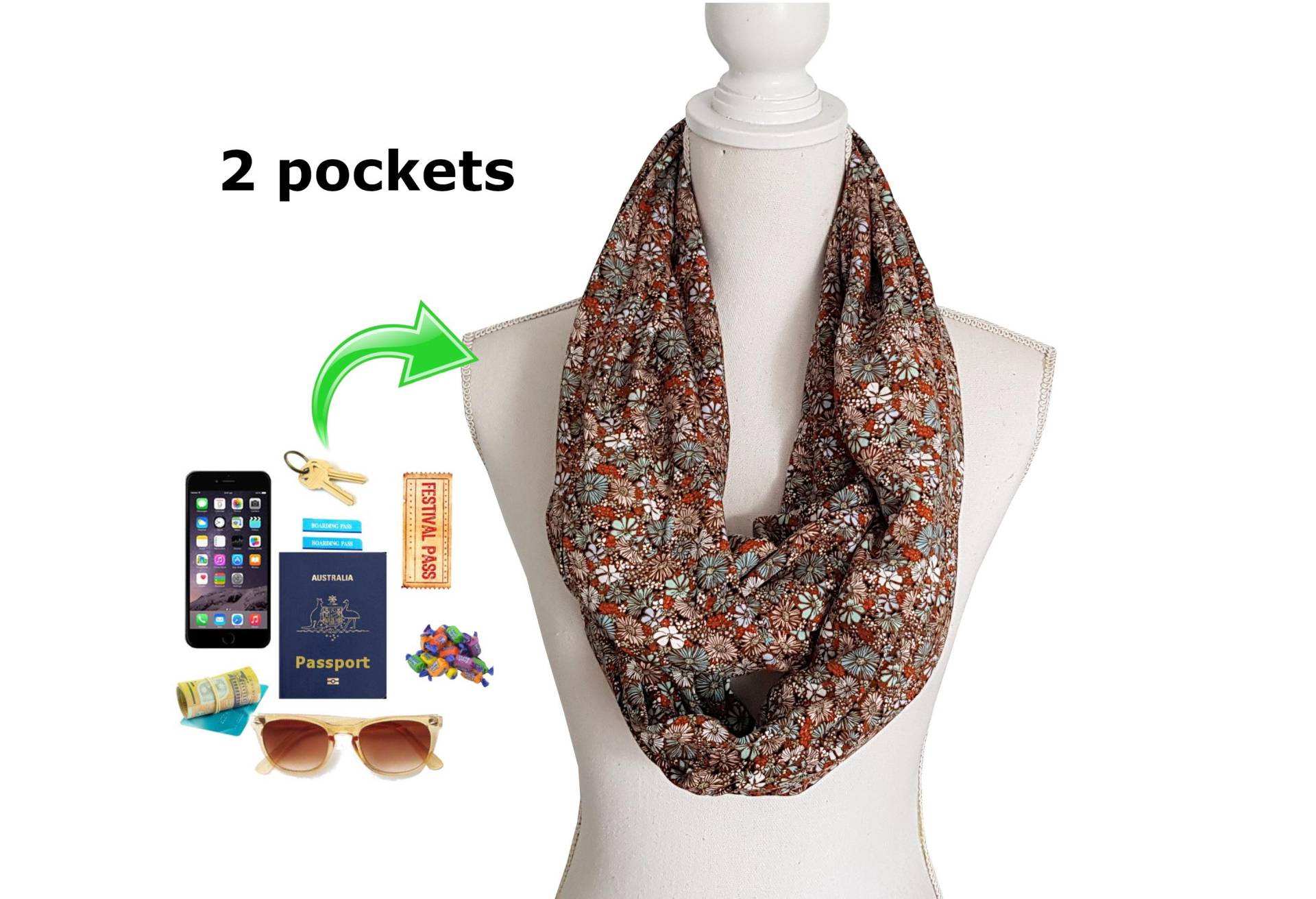 Infinity-Schal Mit 2 Taschen Für Pass, Handy, Geld, Schlüssel Usw von BeeDeeCollection