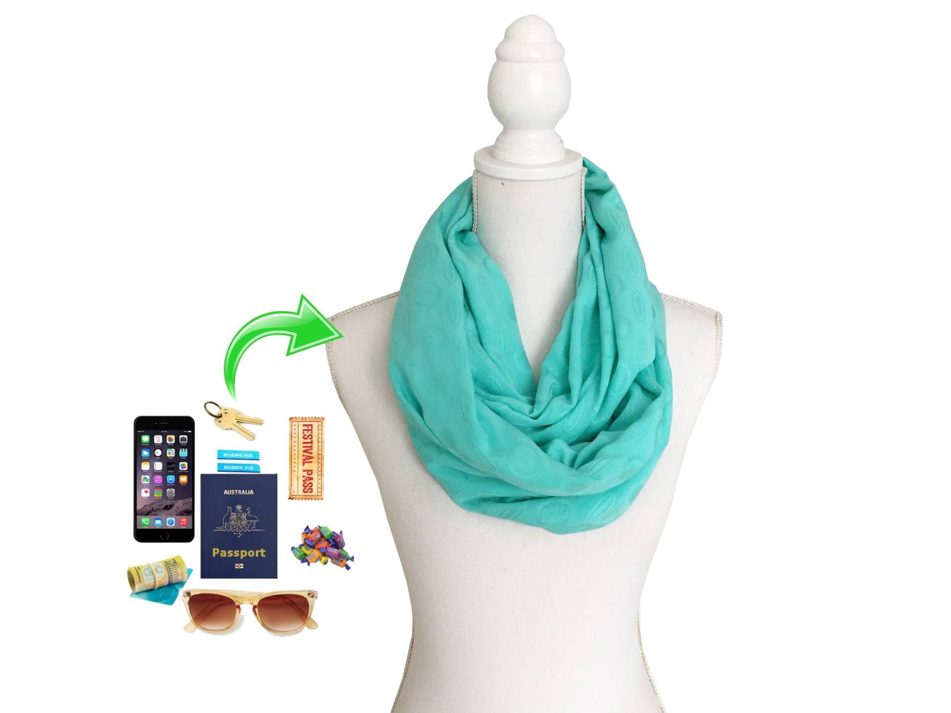 Zip Pocket Loop Infinity Schal Für Pass Geld Id Schlüssel Telefon Rayon Viscose Stoff von BeeDeeCollection