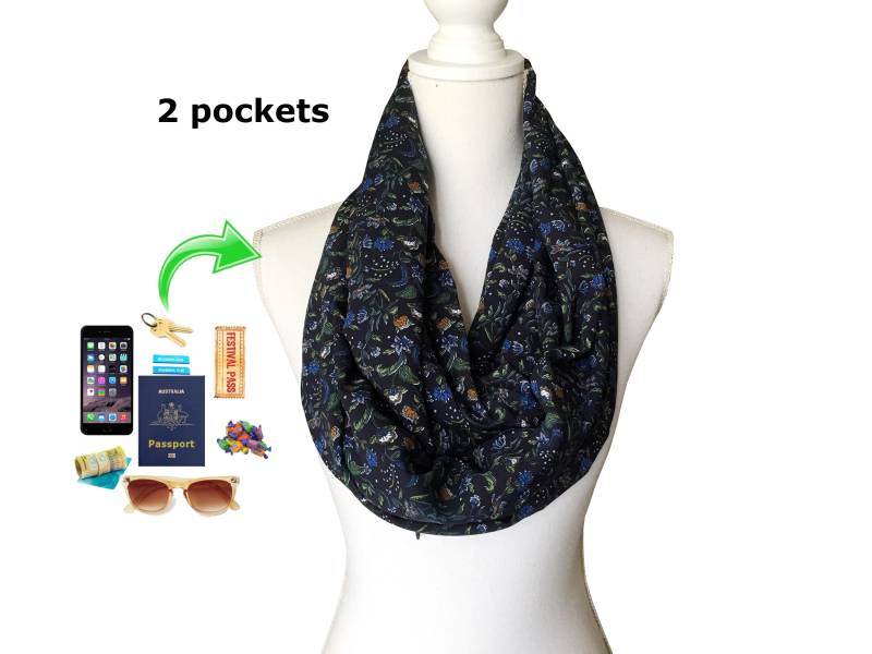 Zwei Reißverschlusstasche Doppelschlaufe Infinity Schal Leichter Frühling Sommer Herbst Navy Floral Rayon/Viskose-Gewebe von BeeDeeCollection
