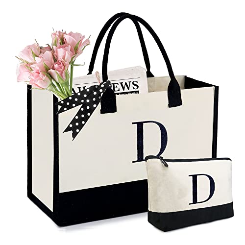 BeeGreen Personalisierte Tragetasche für Damen, Leinen-Initiale, bestickt, Monogramm-Tasche, schwarz und weiß, L 码（大码）, Buchstabe D von BeeGreen