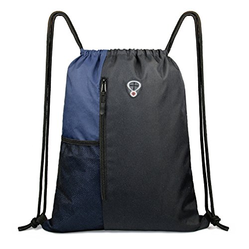 BeeGreen Sport-Rucksack mit Kordelzug für Damen, Herren, Kinder, große Größe, mit Reißverschluss und Netztaschen für Wasserflaschen, Damen, Schwarz/Marineblau, Full Size von BeeGreen