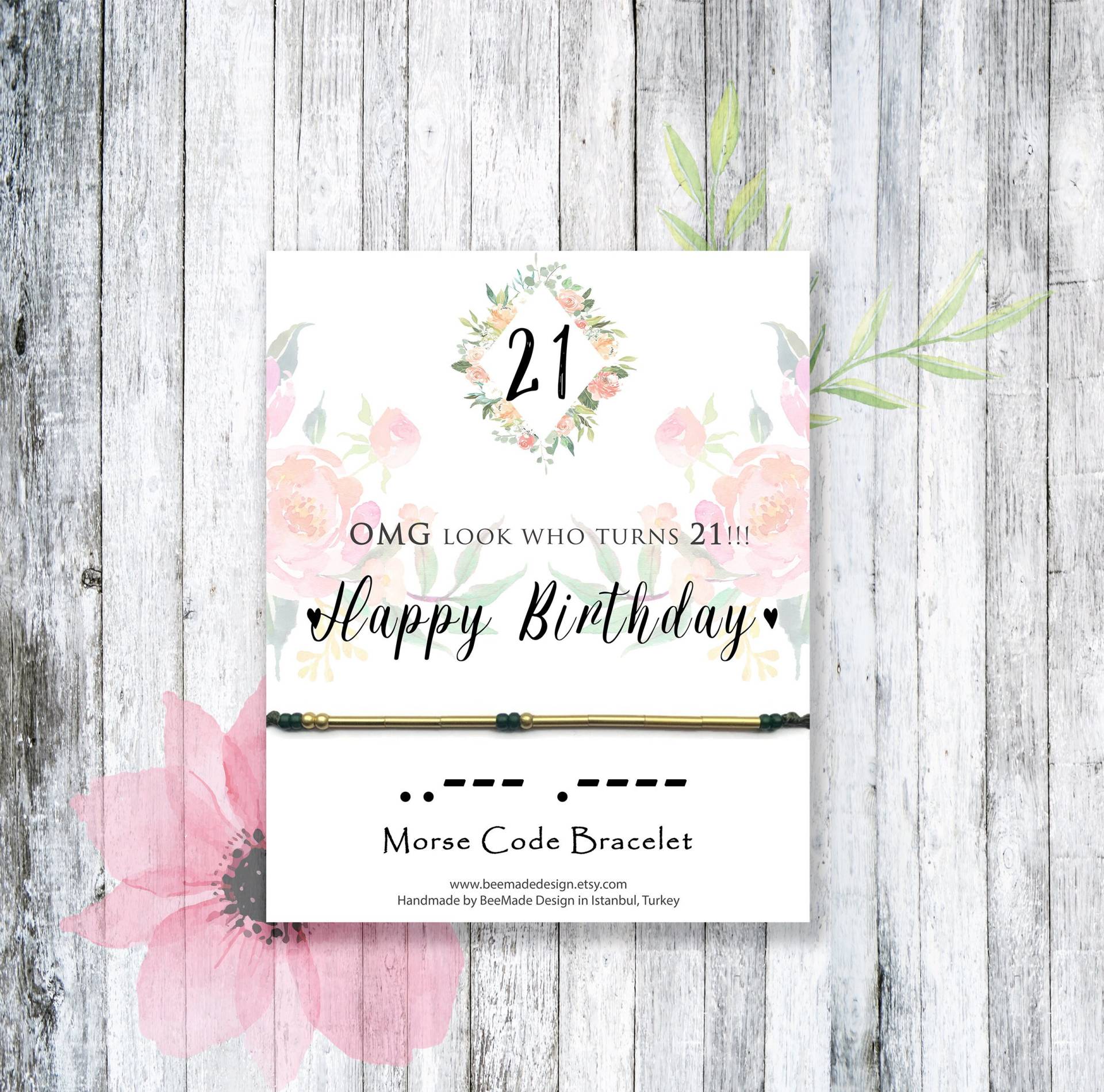 21. Geburtstag Morse-Code Armband Tochter Geschenk Mit Blumenkarte von BeeMadeDesign