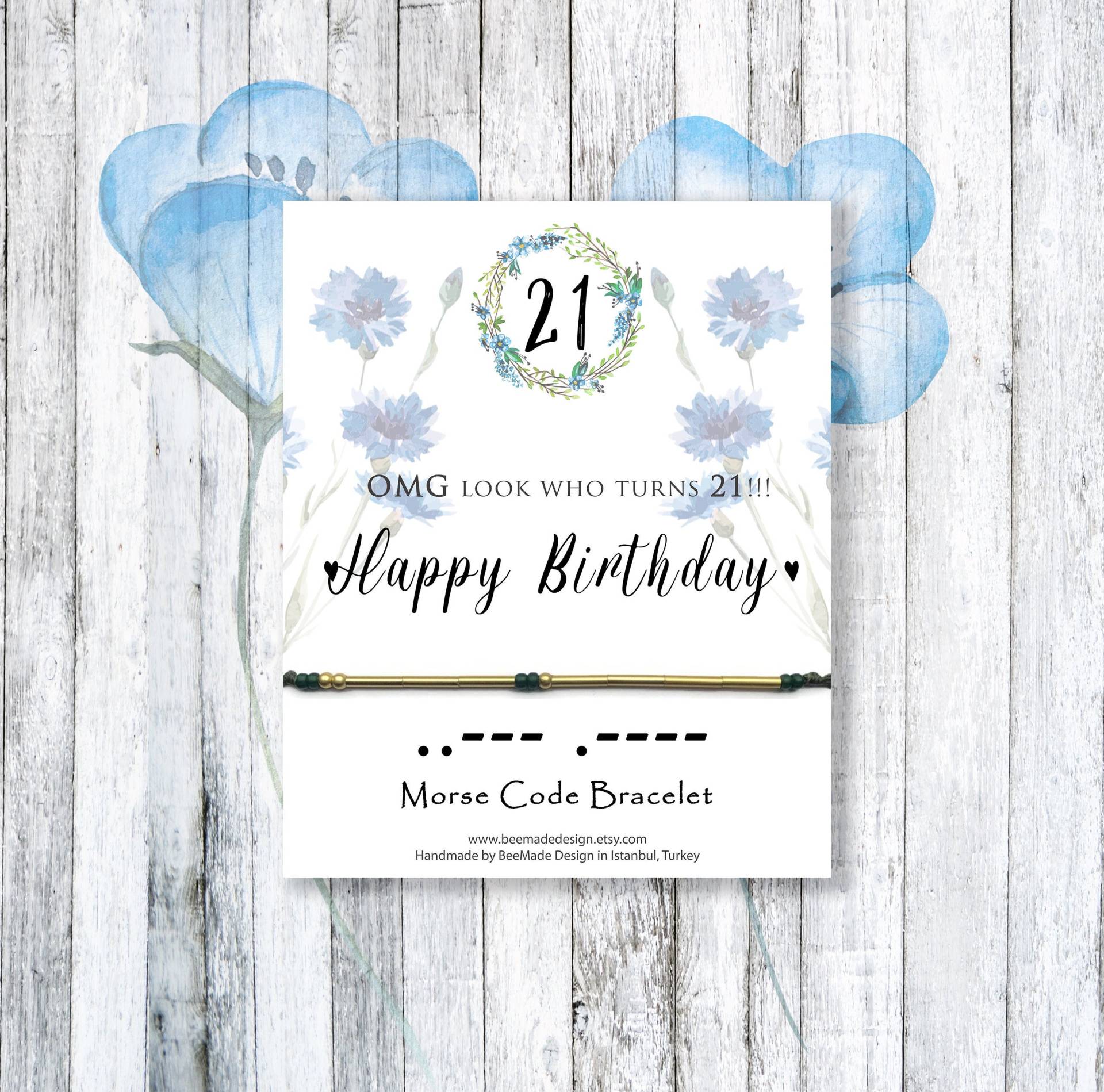 21. Geburtstag Morsecode Armband Tochter Geschenk, Blumenkarte von BeeMadeDesign