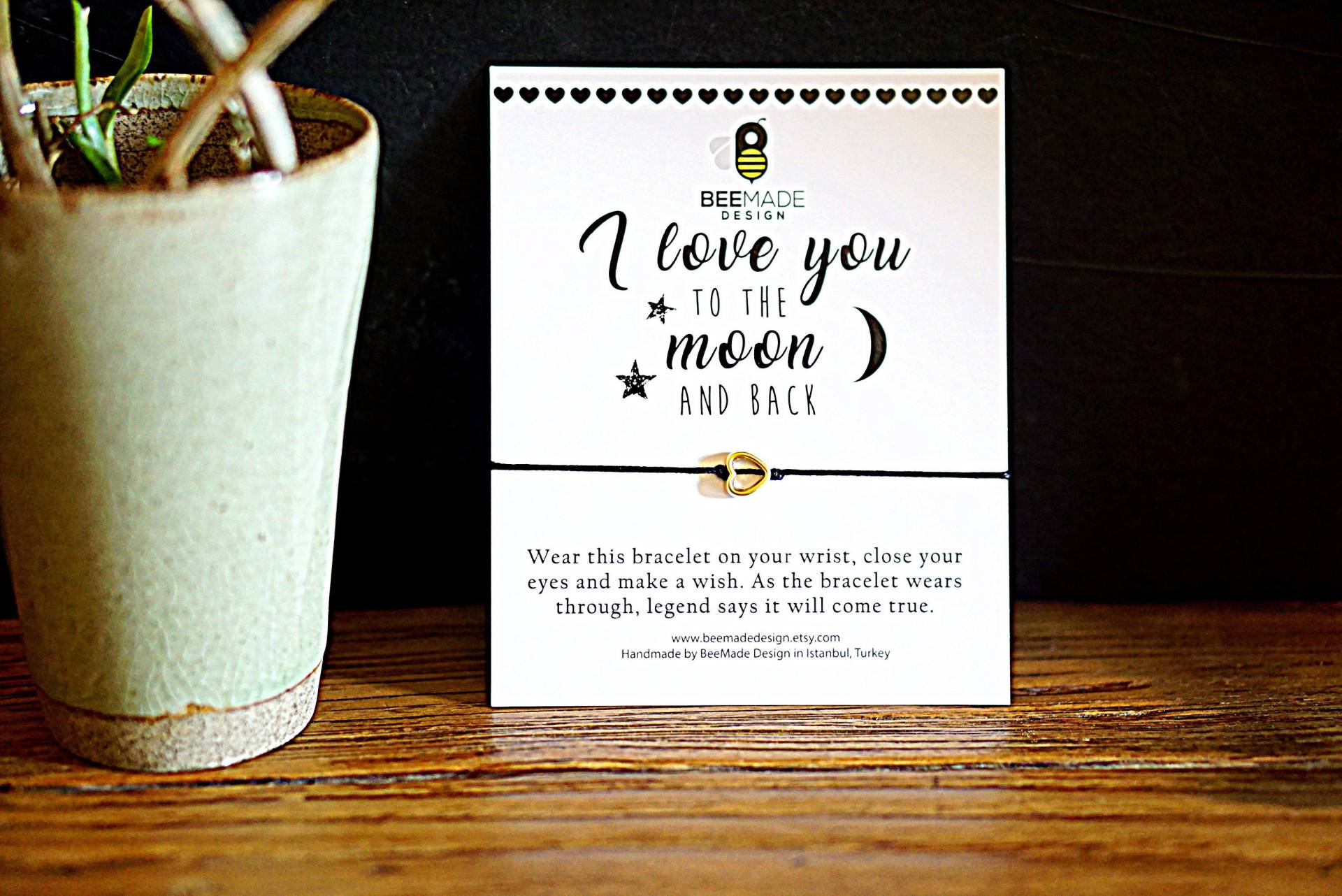 Ich Liebe Dich Bis Zum Mond Und Zurück Wunsch Armband Gold Herz Anhänger von BeeMadeDesign