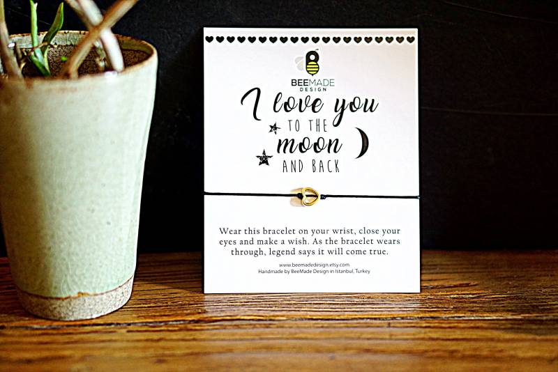 Ich Liebe Dich Bis Zum Mond Und Zurück Wunsch Armband Gold Herz Anhänger von BeeMadeDesign