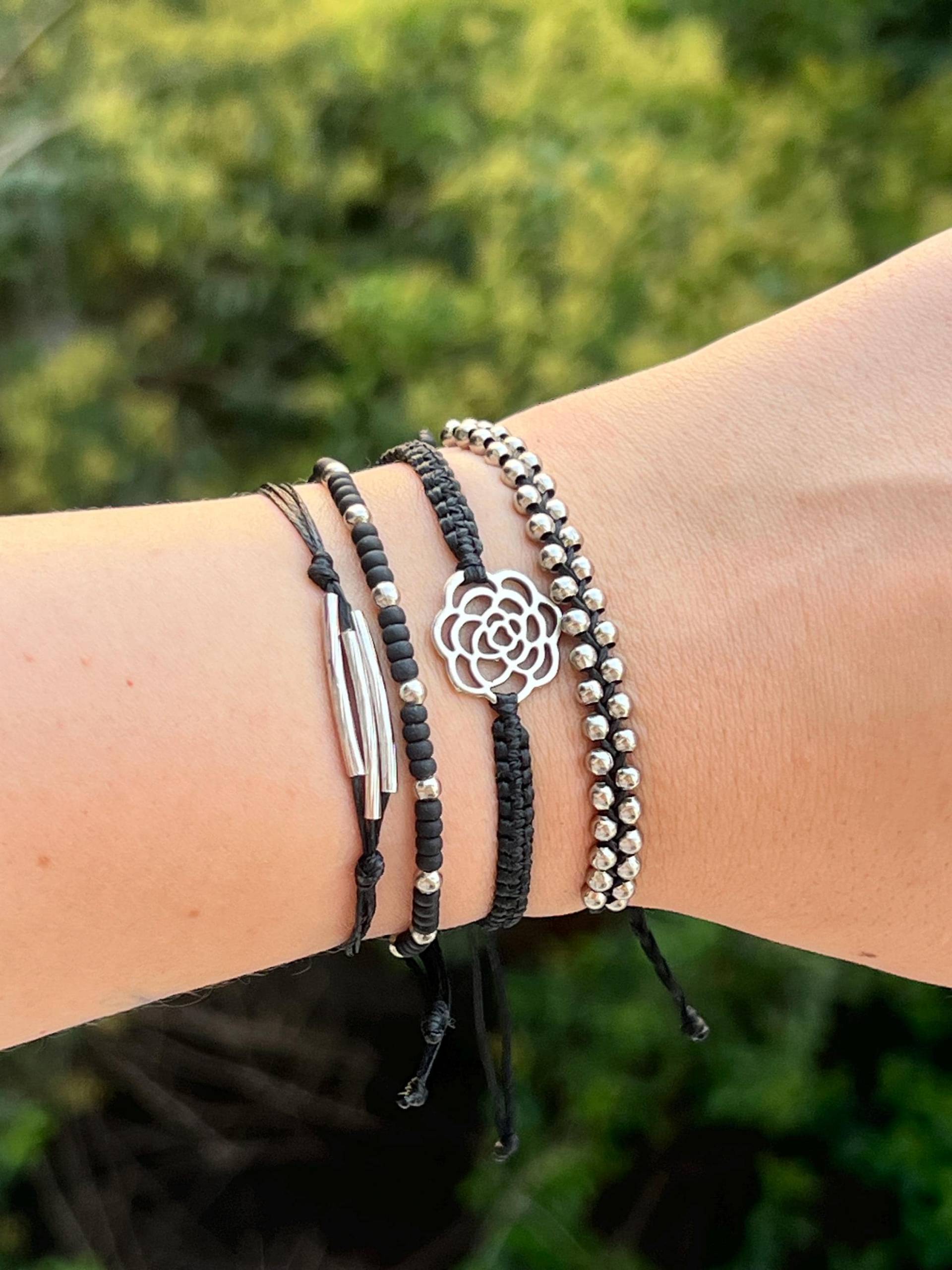 Makramee Armband Set Schwarze & Silber Baumwollkordel Schmuck von BeeMadeDesign