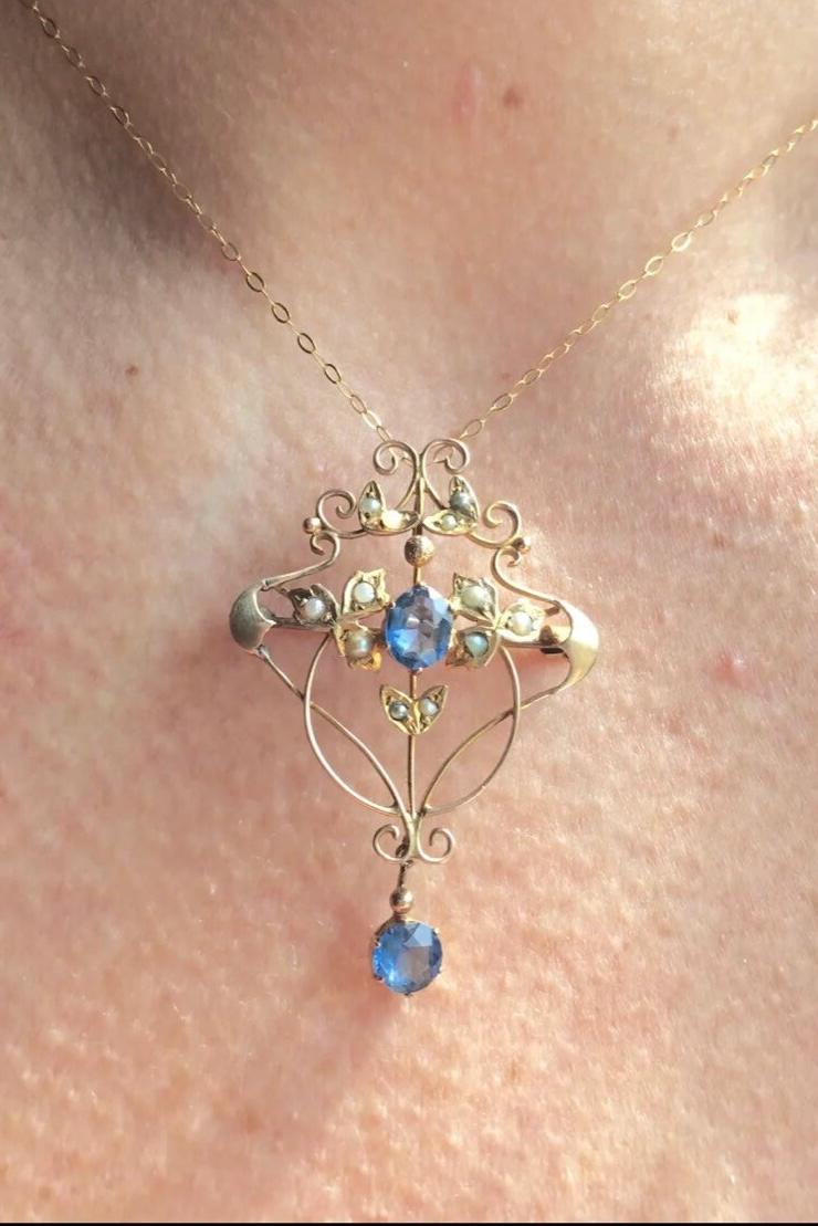 Antike Edwardian Lavaliere Gold Anhänger Brosche 9Kt 375 Blau Paste Antike Edwardian Lavaliere Gold Anhänger Brosche 9Kt 375 Blau Paste von BeeTreeltd