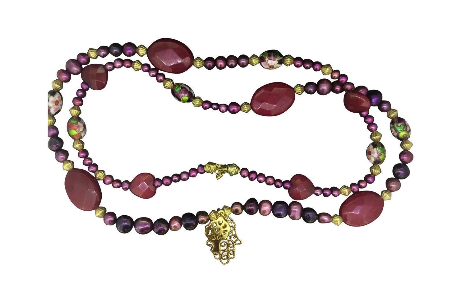 Artisan Handgemachte Satoir Rubellite Naturperlen Cloisonné Halskette 35 Zoll von BeeTreeltd