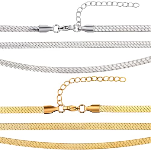 Beebeecraft 1 Box 4 Stück 2 Farben Fischgräten-Ketten Halsketten 45,7 cm Gold und Silber Edelstahl Fischgräten-Schlangenkette Halskette für Männer Frauen Schmuck Geschenke von Beebeecraft