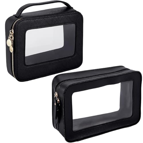 Beebeecraft 2 Stück 2 Stile Popvibe Transparente Make Up Tasche Rechteckig Schwarz PU Kosmetik Organizer Wasserdicht Reise Kulturtasche Beutel Mit Reißverschlussgriff PVC Fenster von Beebeecraft
