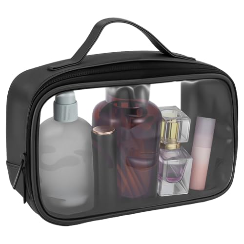 Beebeecraft Transparente Kulturtasche Aus PU Leder Und PVC Multifunktionale Kosmetik Aufbewahrungstaschen Mit Griff Für Reise Make Up Organizer (Schwarz) von Beebeecraft