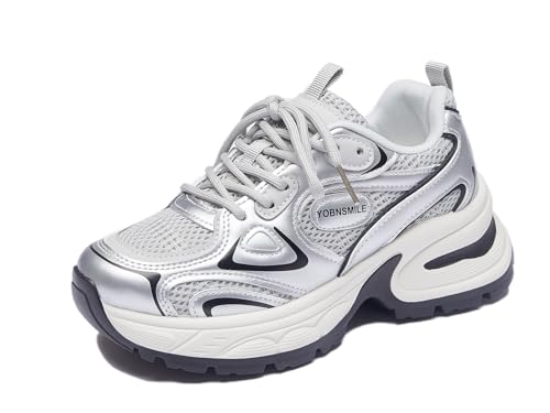 Beeblily Damen Plateau Sneaker Leichte Atmungsaktive Walking Schuhe Ganztägige Bequeme Sportschuhe Grau 38 von Beeblily