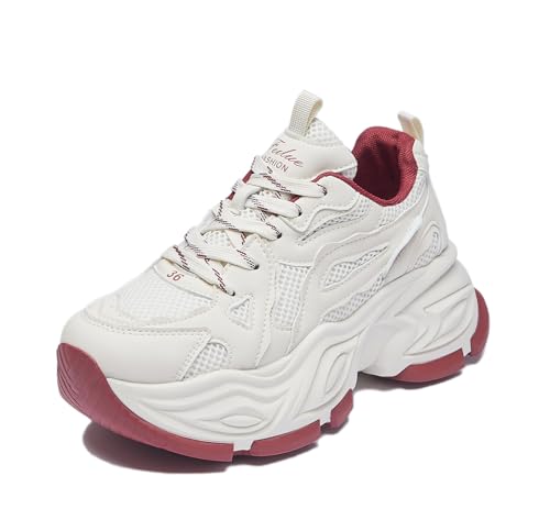 Beeblily Damen Plateau Sneaker Leichte Atmungsaktive Walking Schuhe Ganztägige Bequeme Sportschuhe Wine red 38 von Beeblily