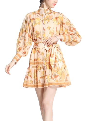 Beeblily Damen Vintage Laternenärmeln Knopf Kleid Mit Blumenmuster Elegant Hemdblusenkleid Freizeitkleid Sommerkleid Mini Dress L von Beeblily