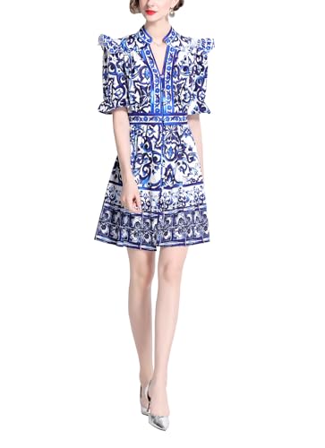 Damen Vintage Minikleid Mit Blumenmuster V-Ausschnitt Kurzärmel Elegant Freizeitkleid Sommerkleid Party Kleider Blue S von Beeblily