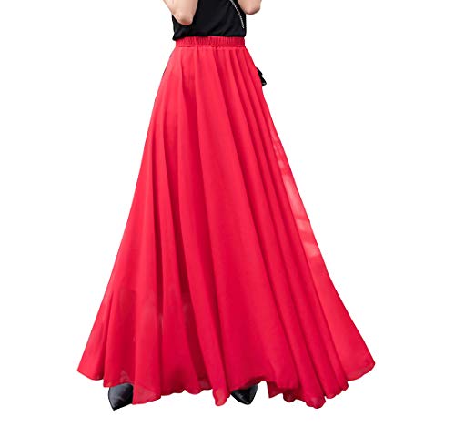 Chiffon Rock Damen Elegant Hohe Taille Lang Faltenrock Casual A Linie Maxi Tanzendes Festival Strandrock Skirt Red M von Beeblily