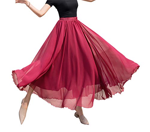 Chiffon Rock Damen Elegant Hohe Taille Lang Faltenrock Casual A Linie Maxi Tanzendes Festival Strandrock Skirt Wine red XL von Beeblily