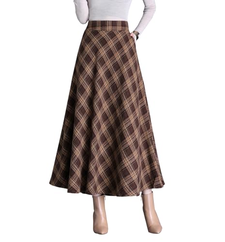 Damen Elegant Lang Rock Hohe Taille Winterrock Kariert Maxirock Wollrock A-Linie Röcke Faltenrock Herbst Skirts 1931 Khaki L von Beeblily
