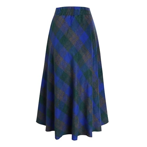 Damen Elegant Lang Rock Hohe Taille Winterrock Kariert Maxirock Wollrock A-Linie Röcke Faltenrock Herbst Skirts Blau M von Beeblily