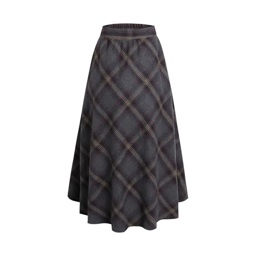 Damen Elegant Lang Rock Hohe Taille Winterrock Kariert Maxirock Wollrock A-Linie Röcke Faltenrock Herbst Skirts Grau M von Beeblily