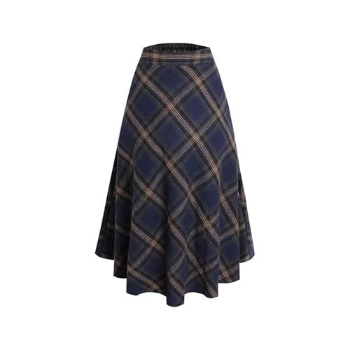 Damen Elegant Lang Rock Hohe Taille Winterrock Kariert Maxirock Wollrock A-Linie Röcke Faltenrock Herbst Skirts Dark Blau L von Beeblily